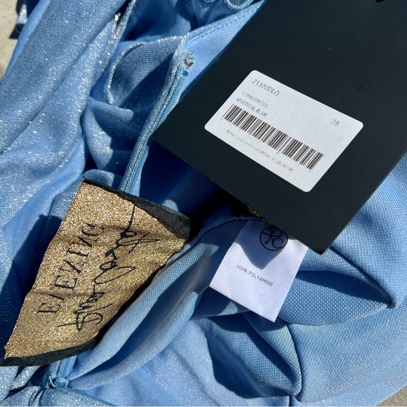 Rhea Costa Ruched Glitter Jersey Gown Light Blue Maxi Dress XS 38 Fits Small NWT - Picture 7 of 9